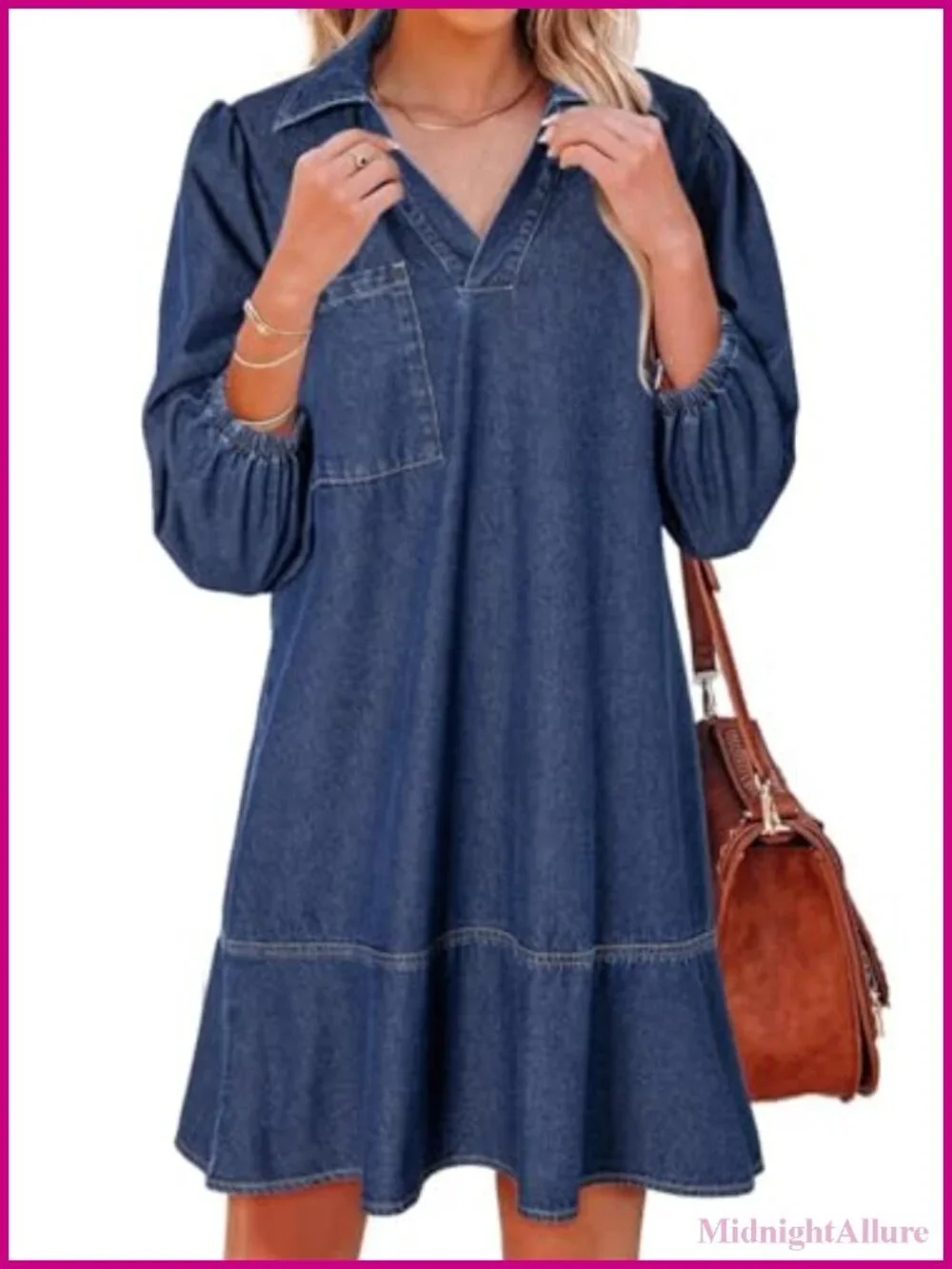 Dokotoo Denim Dress for Women 3/4 Puff Sleeve Babydoll Jean Dress V Neck Mini
